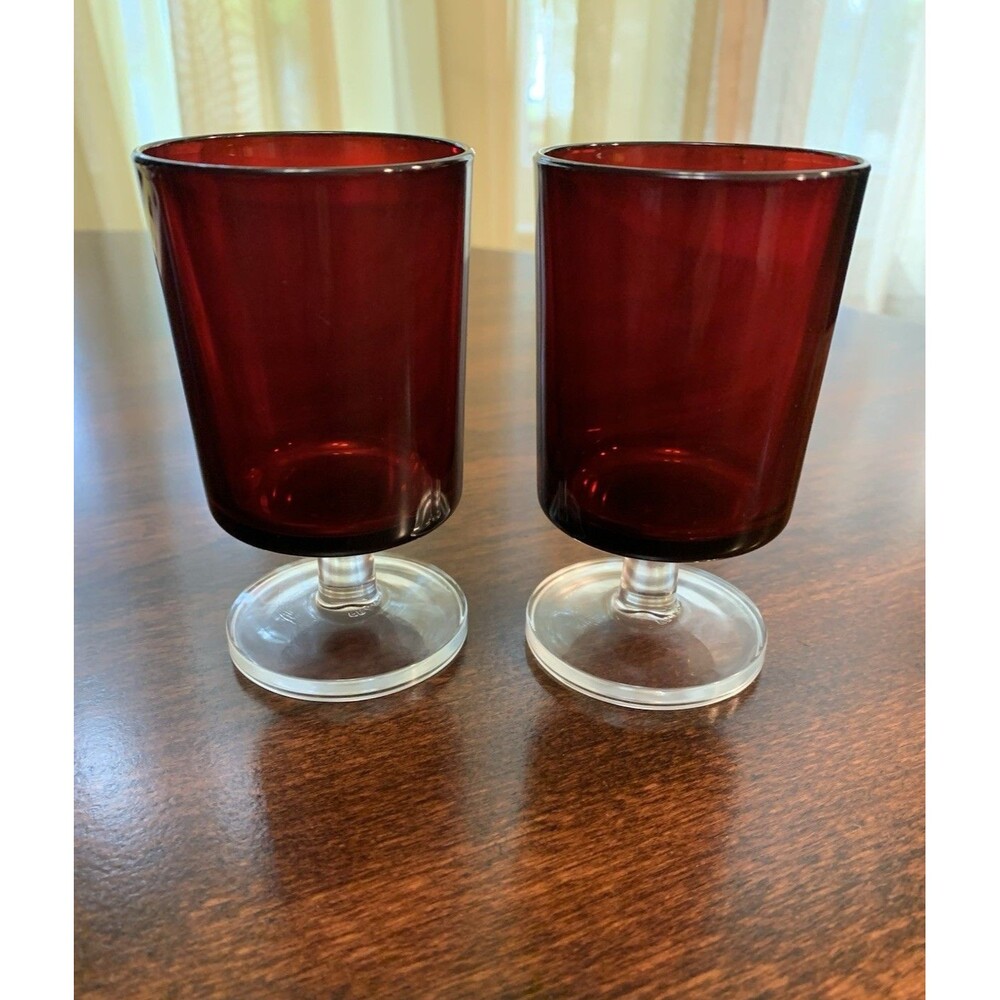 Vtg Luminarc 4" Glasses France Ruby Red Footed MCM Cordial Wine Sherry Set of 2